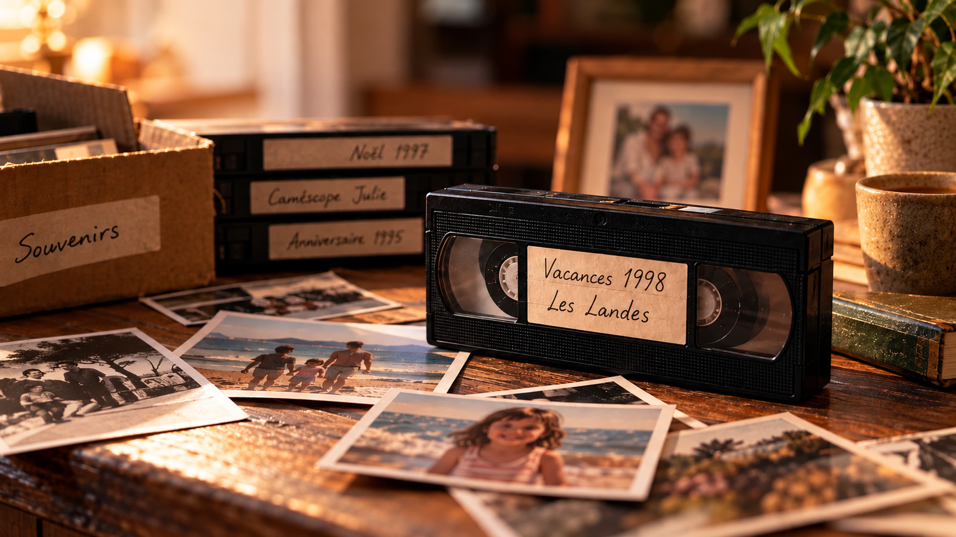 Une cassette VHS à l'étiquette manuscrite posée sur une table en bois, près de tirages photo de famille.