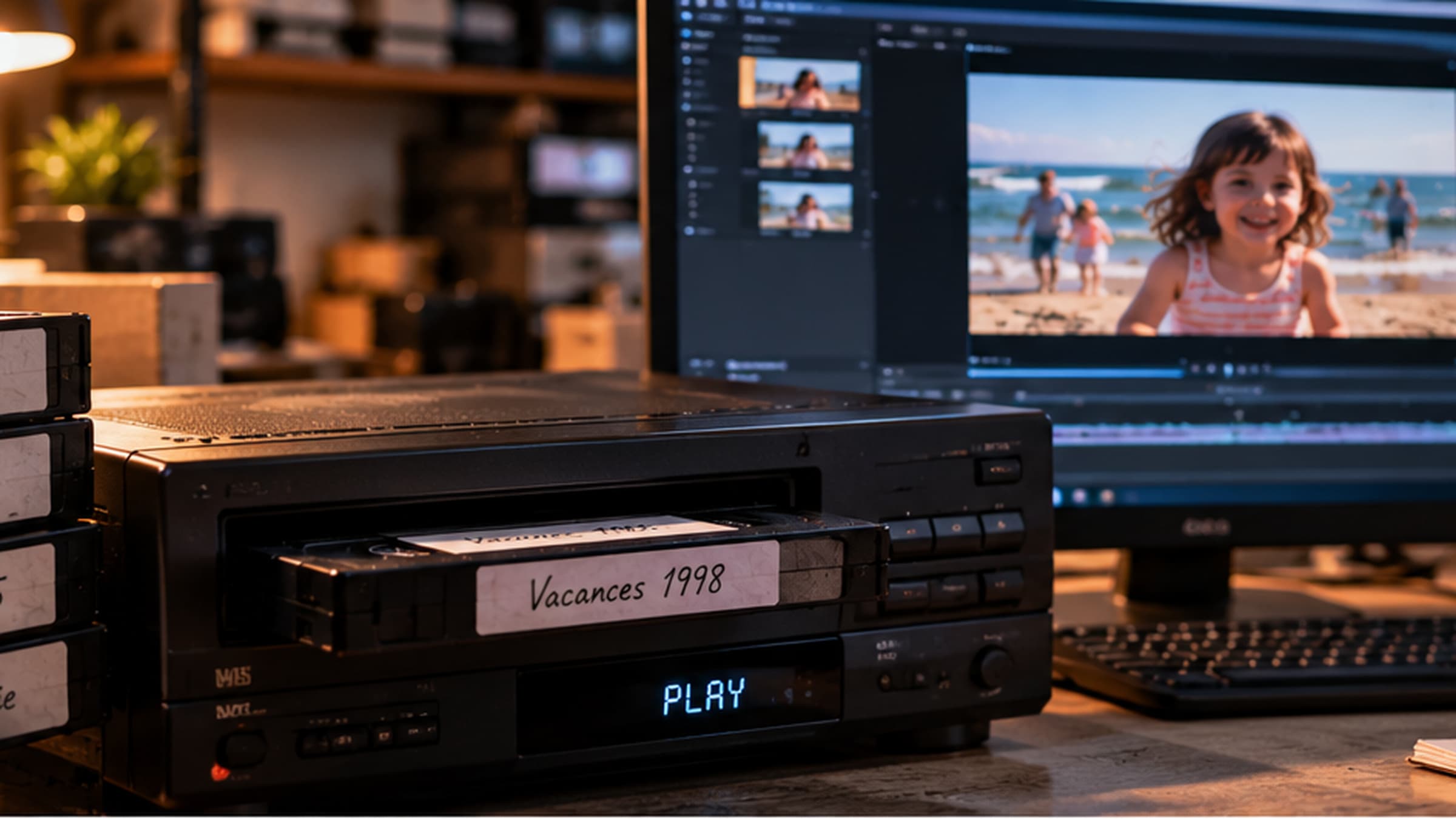 Une cassette VHS insérée dans un magnétoscope, une vidéo de famille à l'écran.