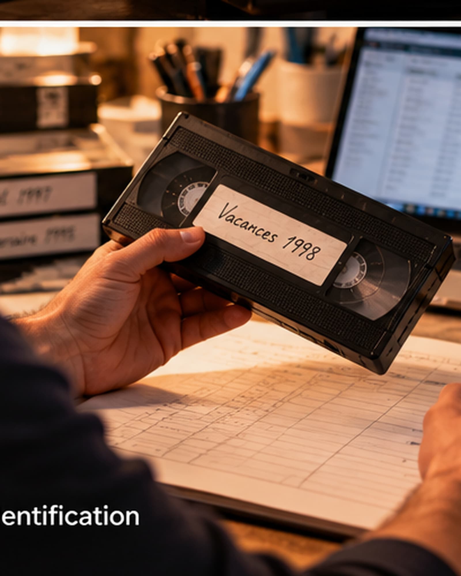 Une main tient une cassette VHS étiquetée « Vacances 1998 » au-dessus d'une feuille de suivi.