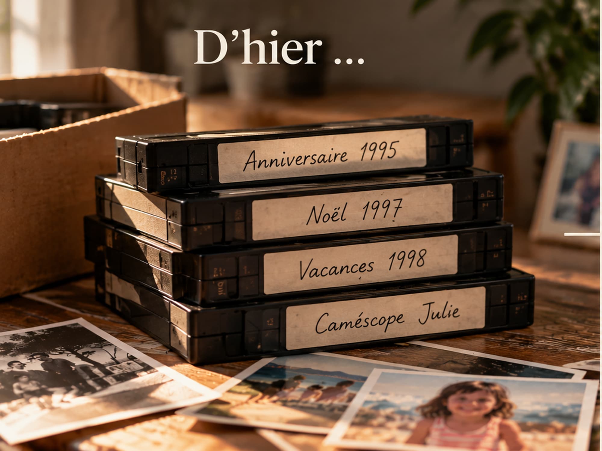 Une pile de cassettes vidéo aux étiquettes manuscrites datées.